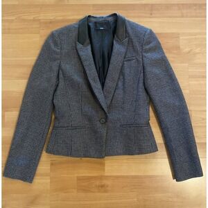 Hugo Boss Wool Angora Size 2 Jacket Leather Lapel Black Gray Houndstooth -Size 2
